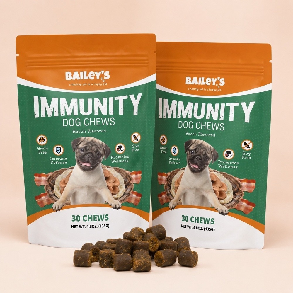 Baileys Immunity Dog Chews 2Pack Bacon Flavor Mushroom Colostrum Grain Free 60ct